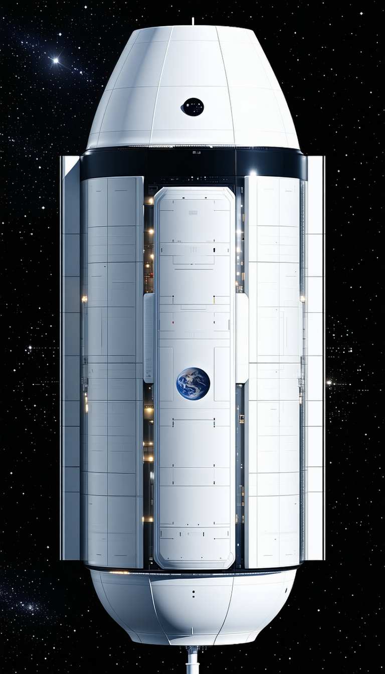 A Large White Space Shuttle Is Shown In A Space Station