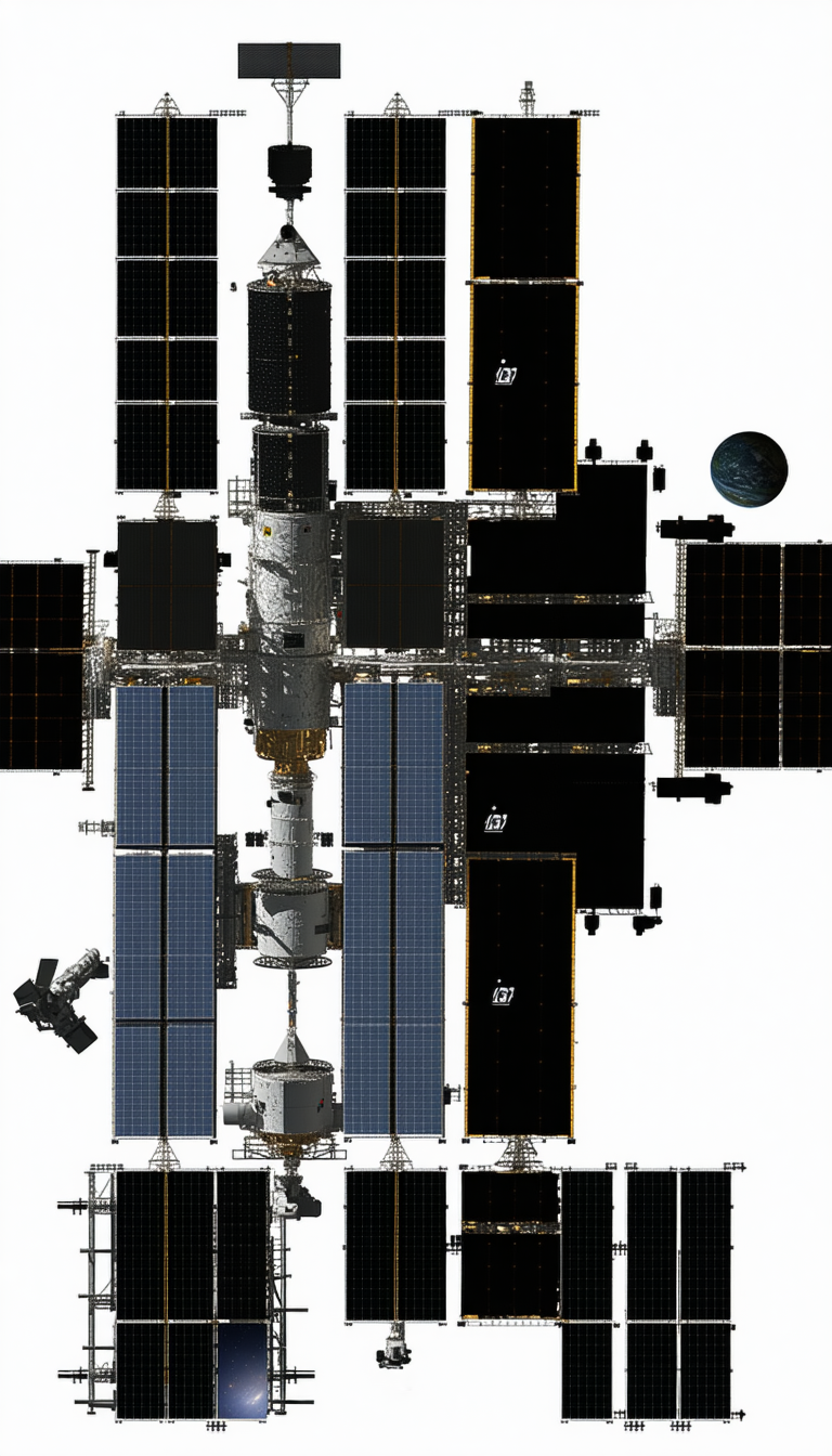 A Large Space Station Is Shown In A White And Black Image