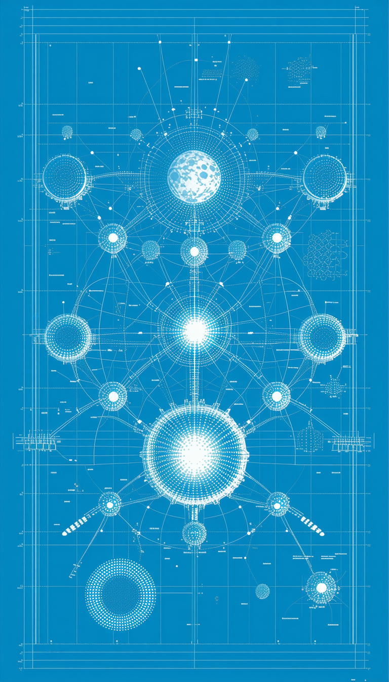 A Blue And White Drawing Of A Solar System Is Displayed