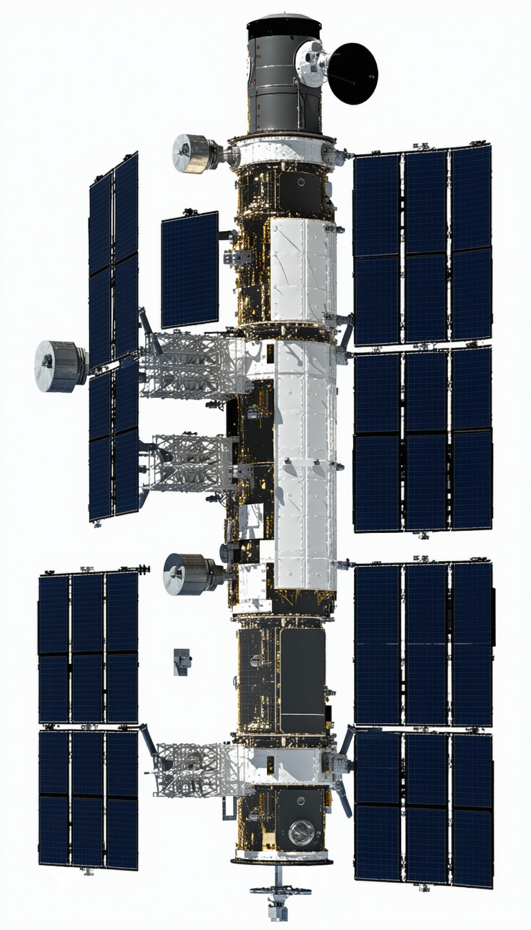 A Large Spacecraft Is Shown In A White And Black Color Scheme