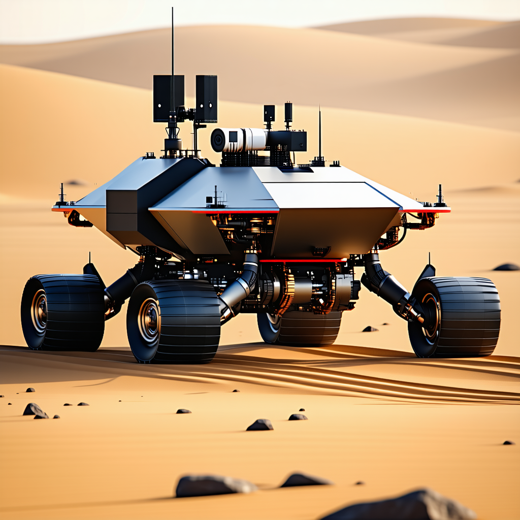 A Large Robotic Vehicle Is Driving Across A Desert Landscape