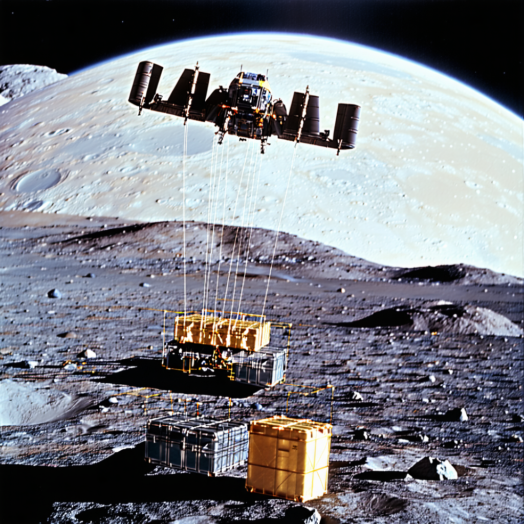 A Space Shuttle Flying Over A Moon, With A Large Satellite In The Foreground