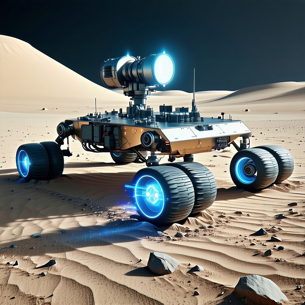 A Futuristic Vehicle With A Large Wheel And A Blue Light On The Front