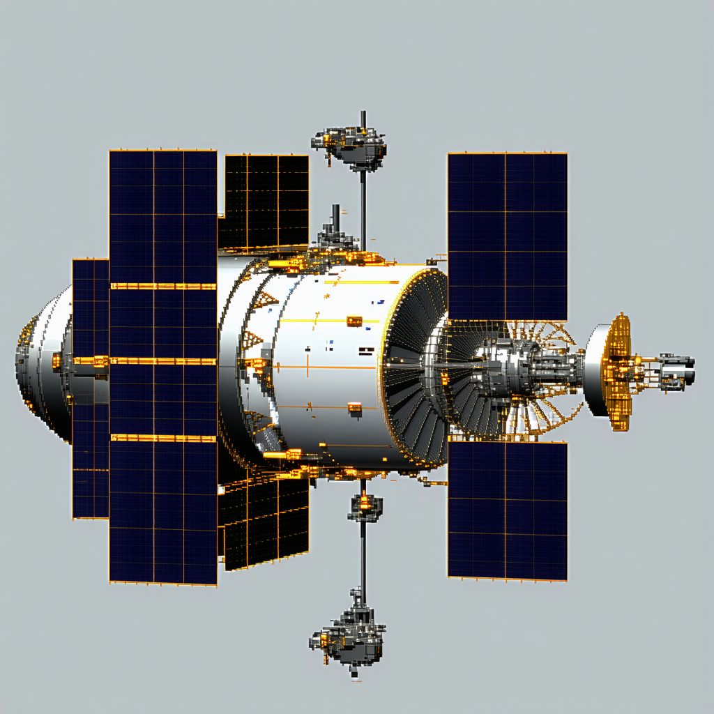 The Image Is A 3d Model Of A Spacecraft, Which Appears To Be A Large, Cylindrical Space Station