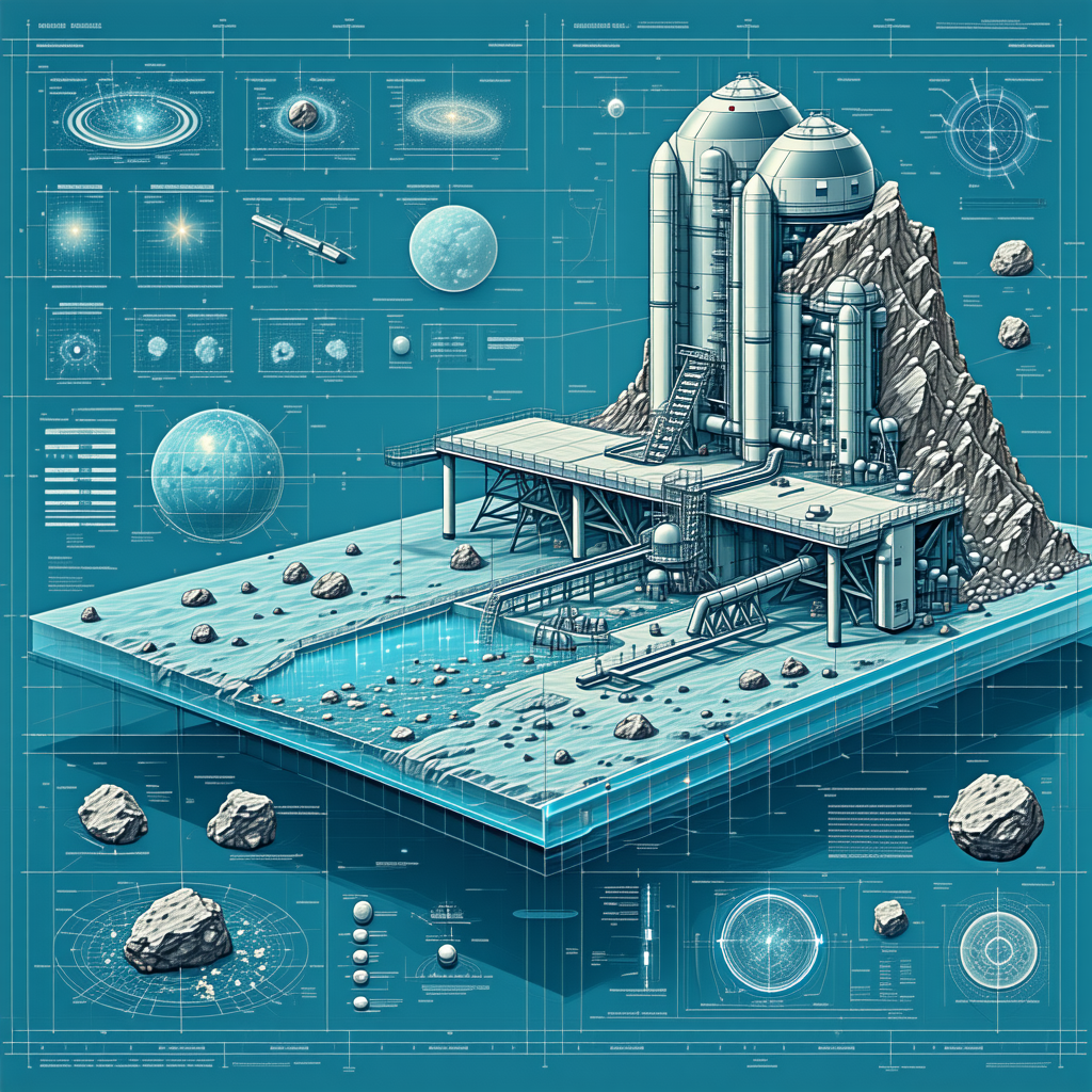 The Image Is A Blue And White Drawing Of A Space Station, With A Large White Building In The Center