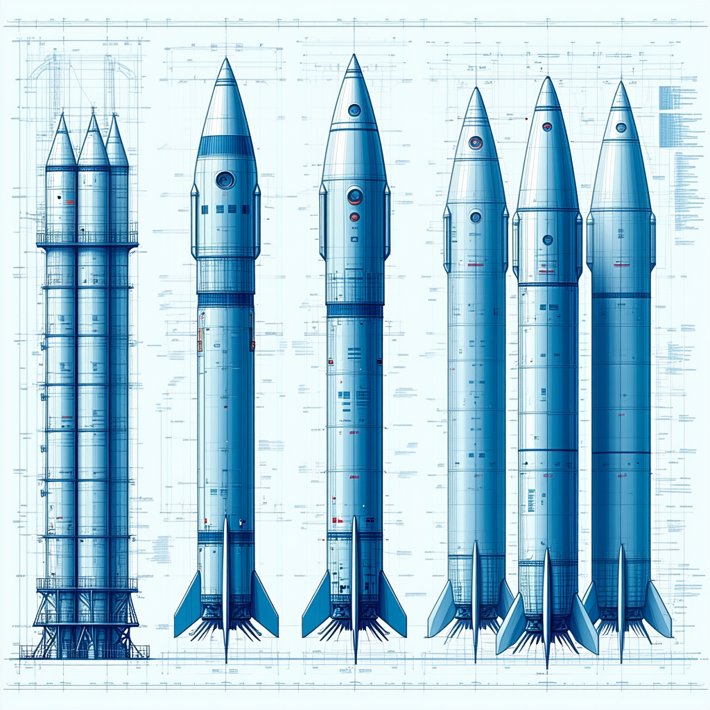 A Blue Rocket Ship Is Shown In A Drawing, With Three Other Rocket Ships Lined Up Behind It