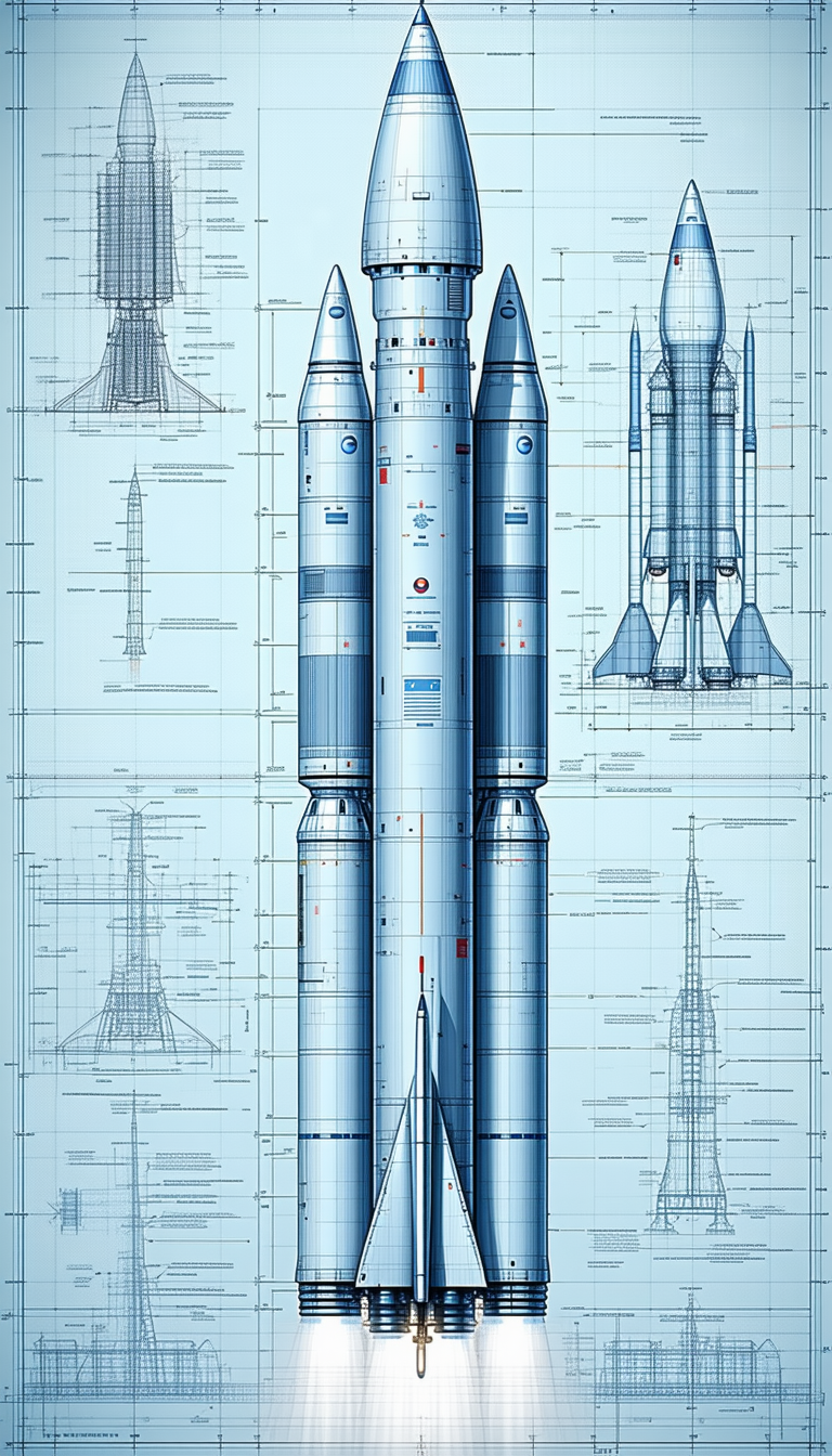 A Blue And White Drawing Of A Rocket Ship Is Displayed