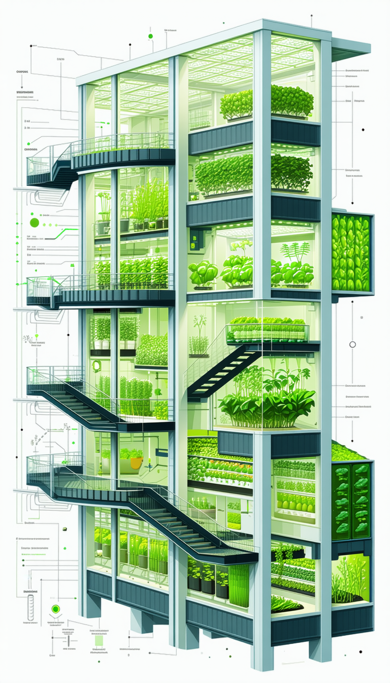 The Image Is A Drawing Of A Large Building With Many Levels, Each Containing A Variety Of Plants