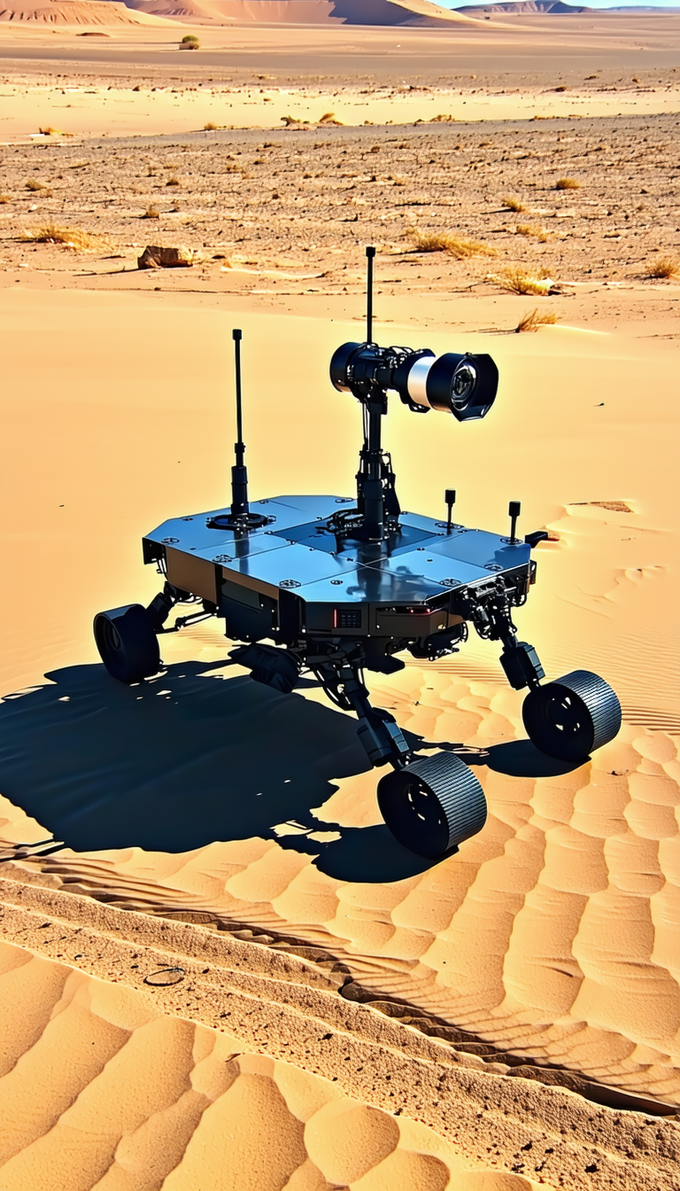 A Robotic Vehicle With A Camera On Top, Driving Across A Sandy Terrain