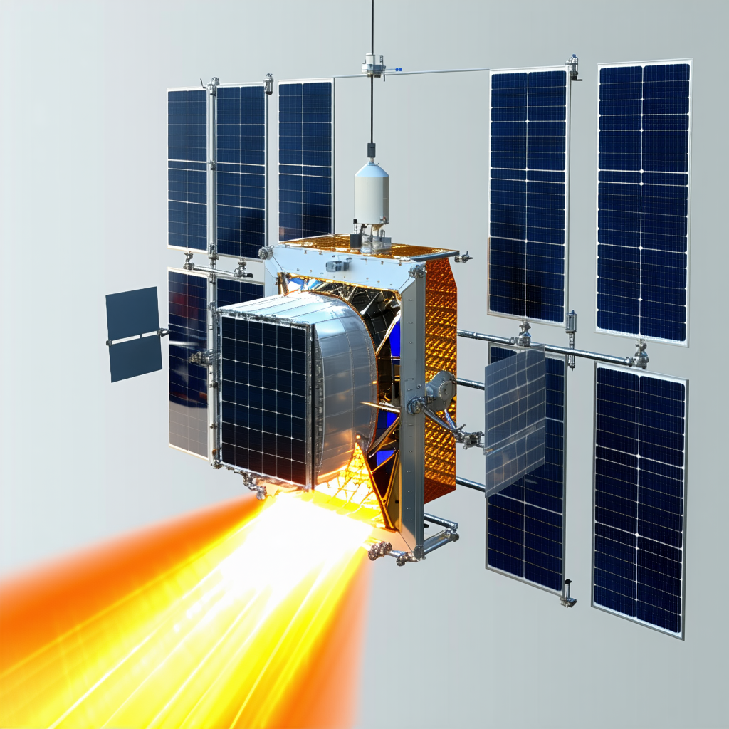 A Spacecraft Is Shown In A Close-up View, With Its Solar Panels And Other Components Clearly Visible