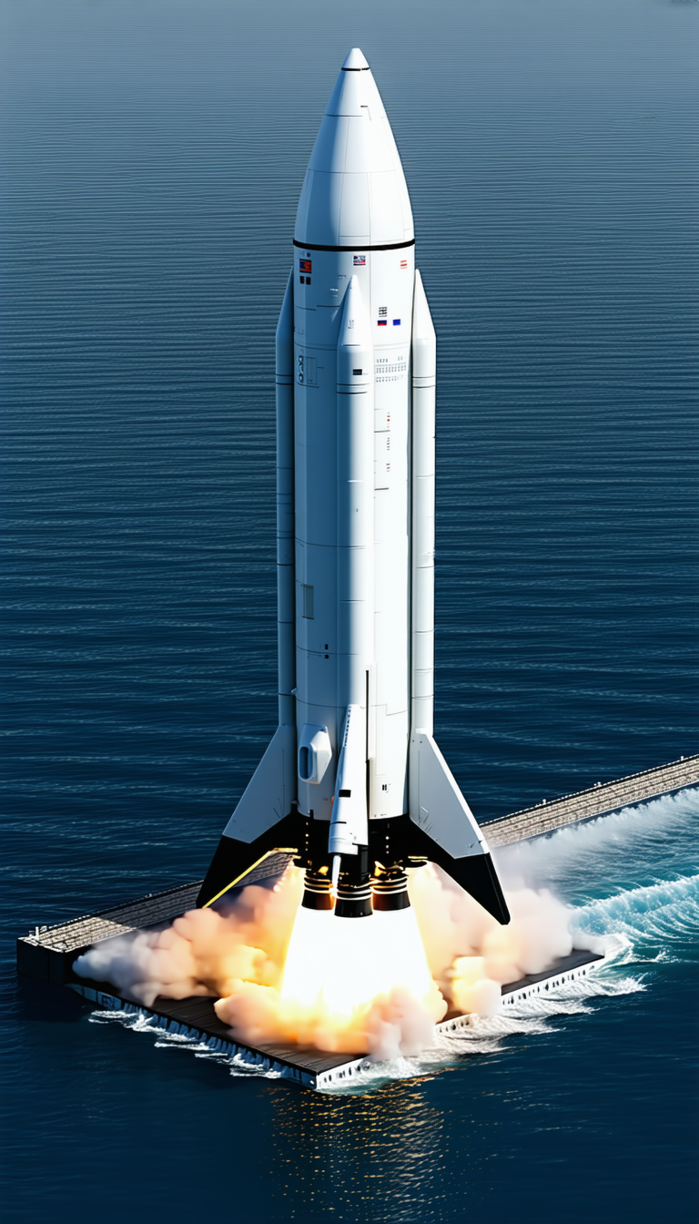 A Large White Rocket Ship, Likely A Space Shuttle, Flying Over The Ocean