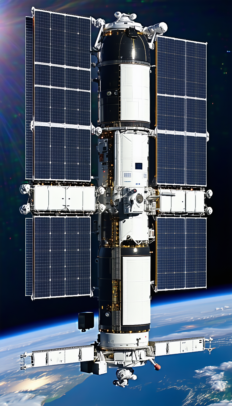 A Large White Space Station With A Solar Panel Array On Its Side