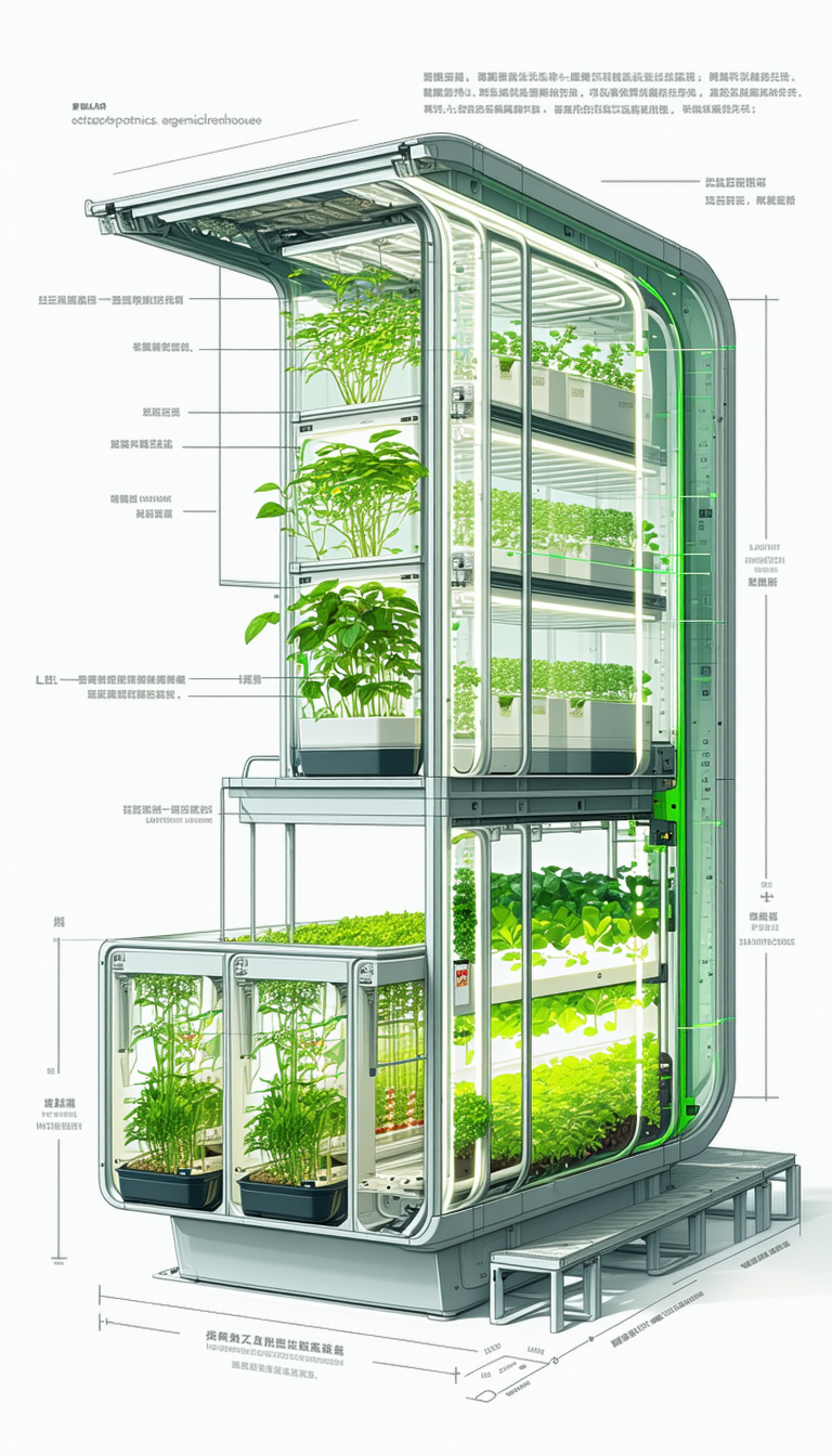The Image Is A Drawing Of A Large, Multi-level Greenhouse Filled With Various Plants