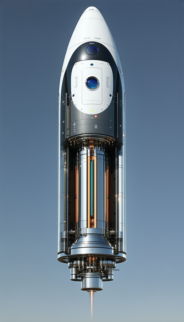 A Large Silver Rocket Ship Is Shown In A Close-up View