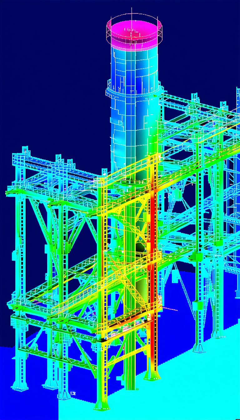 The Image Is A 3d Model Of A Large Industrial Structure, Likely A Power Plant Or A Factory