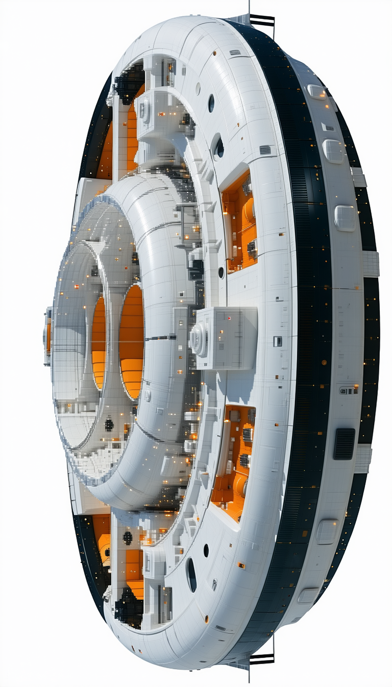 A Large White And Orange Spacecraft Is Shown In A Three-dimensional View