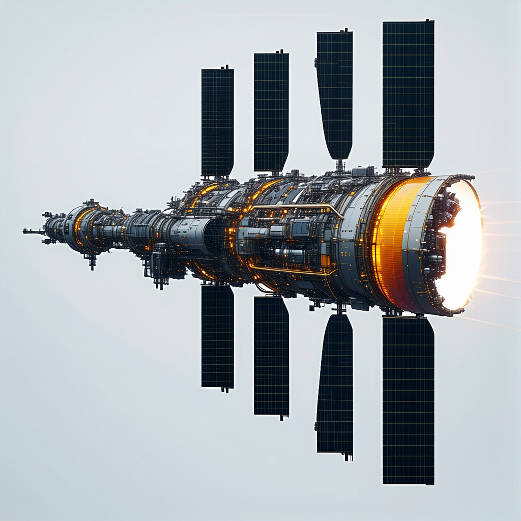 A Large Spacecraft Is Shown In A Close-up View, With Its Engine And Other Components Clearly Visible
