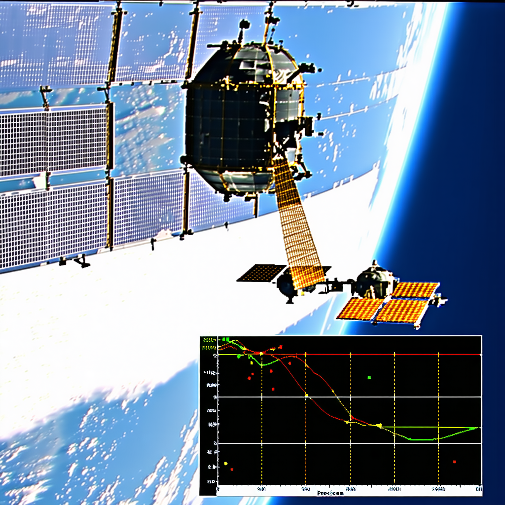 A Space Shuttle Flying Through The Sky, With A Large Satellite Visible In The Background
