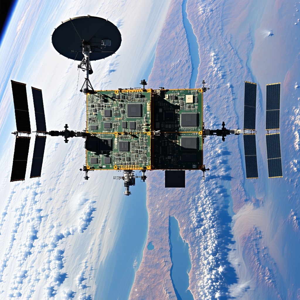 A Satellite Is Flying Through The Sky, With A Large Dish Antenna Attached To It
