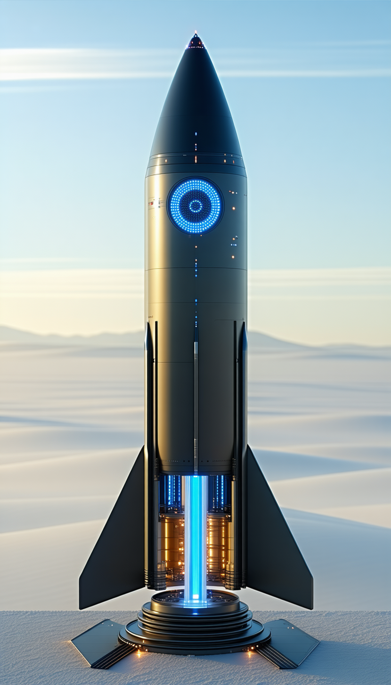A Large Rocket Ship With A Blue Light On Its Side