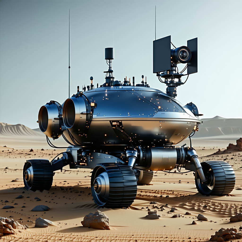 A Futuristic Vehicle, Possibly A Spacecraft Or A Rocket, Parked On A Rocky Surface