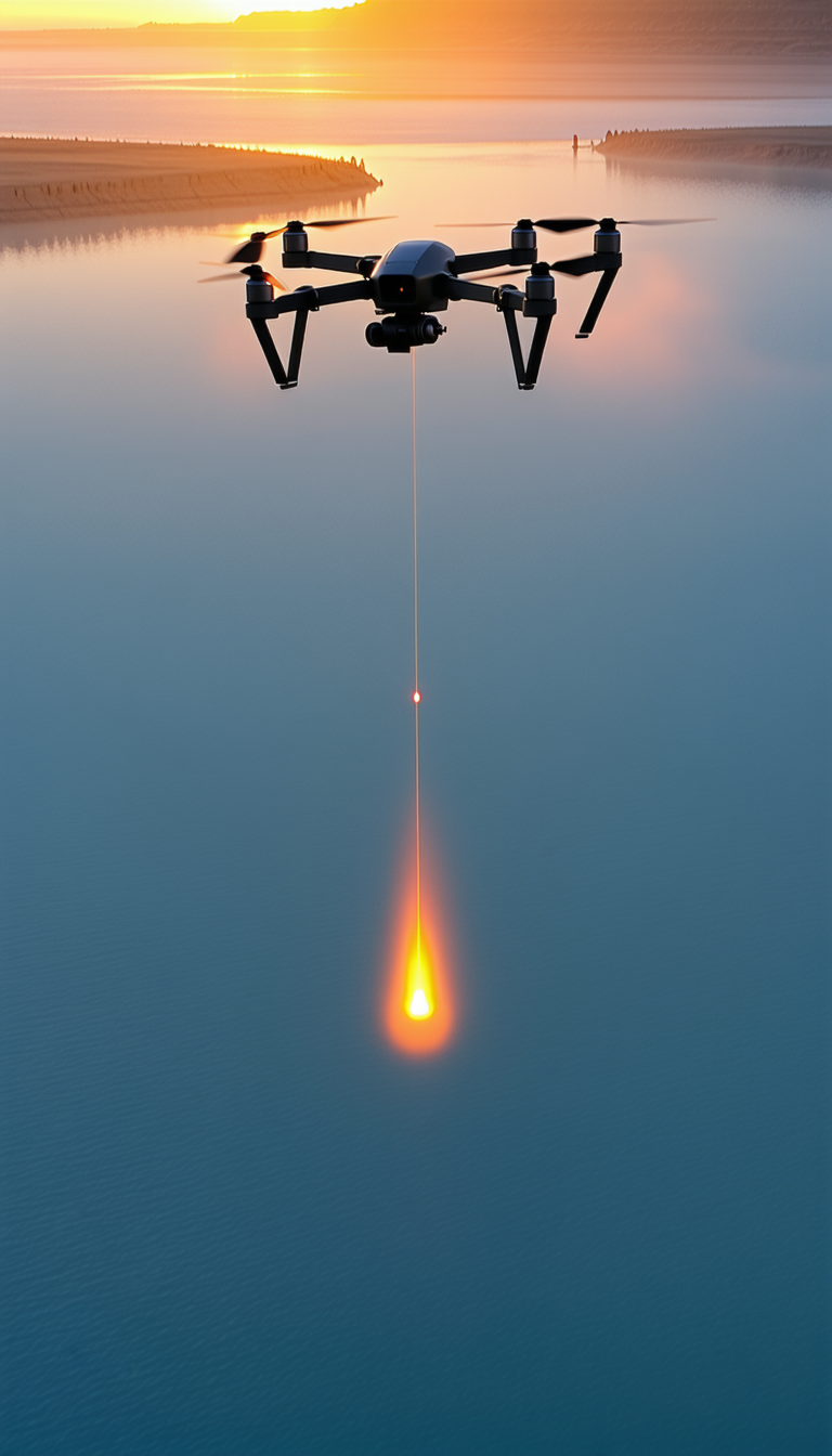 A Red Laser Beam Is Emanating From A Drone Flying High Above The Ocean