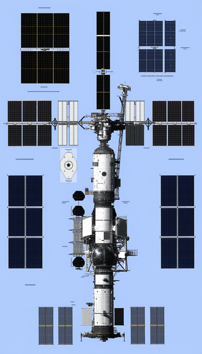 The Image Is A Blue And White Illustration Of A Space Station