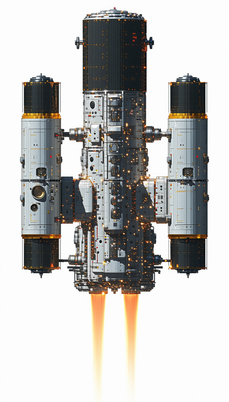 A Large Spacecraft Is Shown In A White And Orange Color Scheme