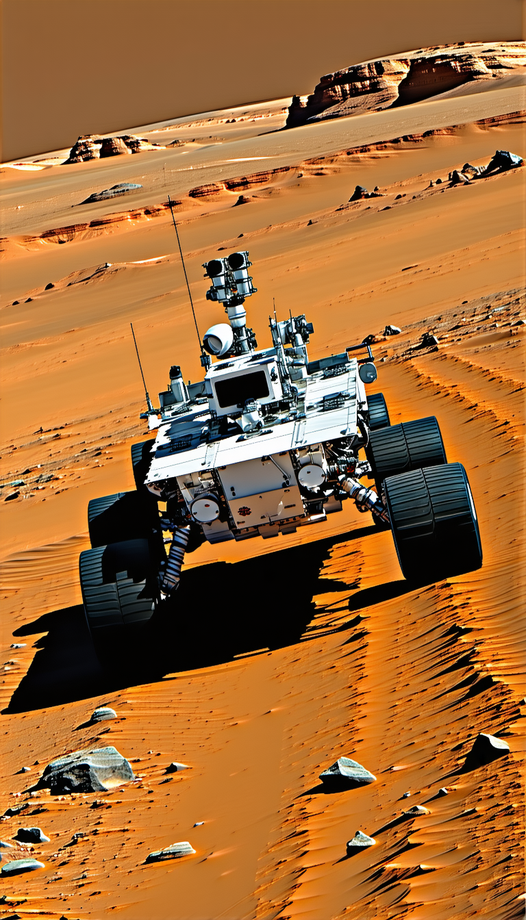 A White Robotic Vehicle, Possibly A Rover, Driving Across A Sandy Terrain
