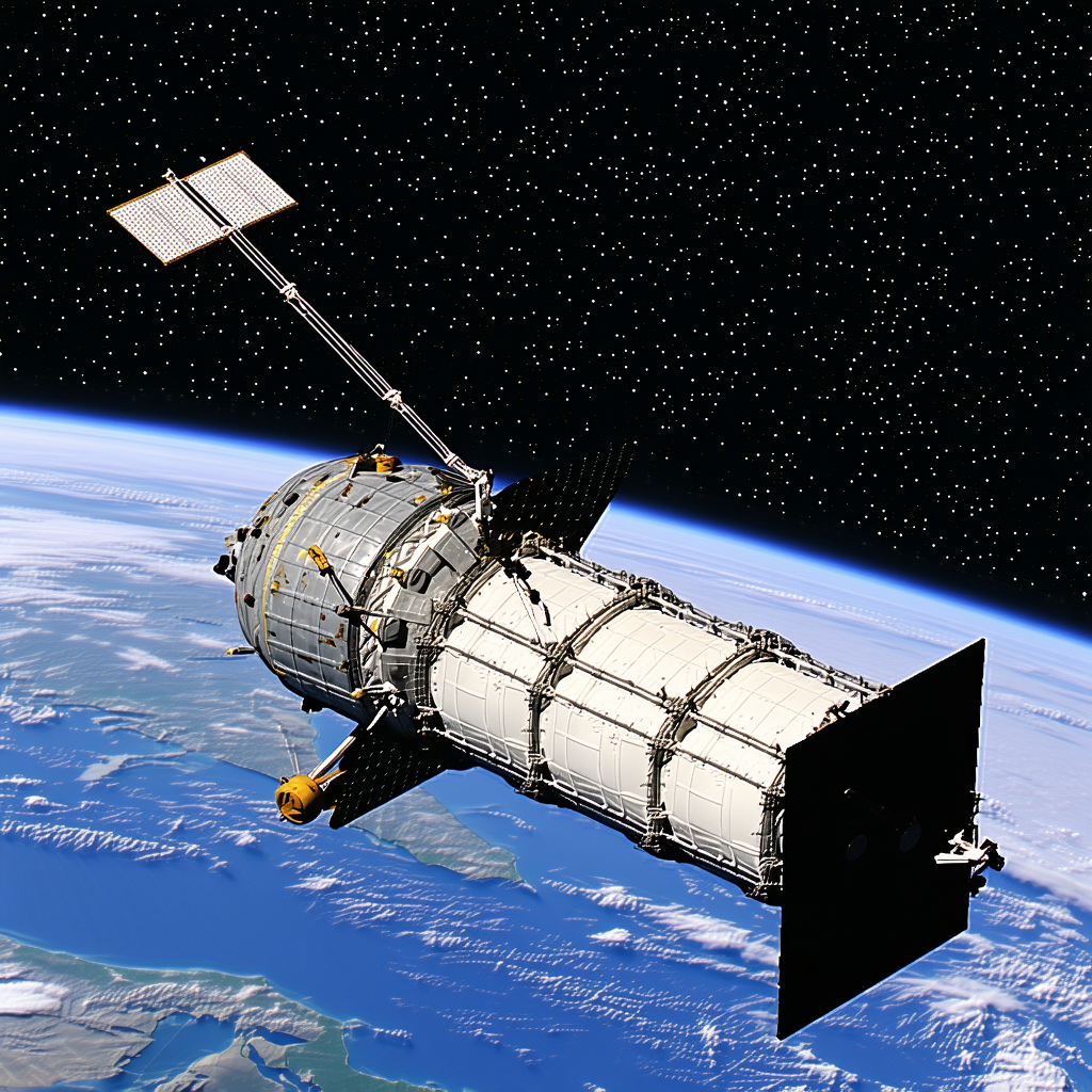 A Spacecraft, Possibly A Satellite Or A Space Shuttle, Flying Through The Sky