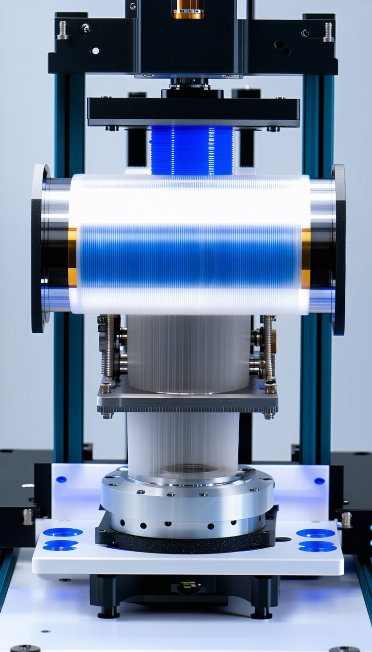 A Large, White, And Blue Machine With A Blue And White Striped Ribbon