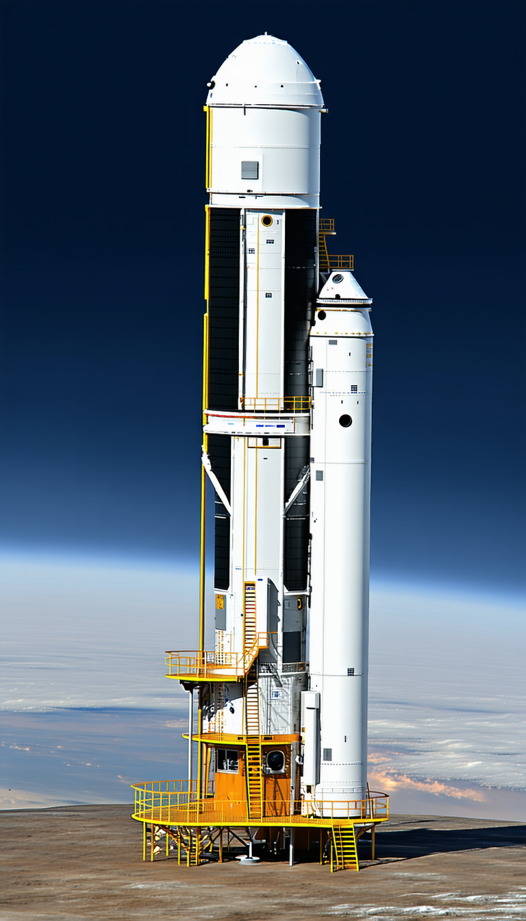 A Large White Rocket Ship With A Yellow Ladder Leading Up To The Top Of The Ship