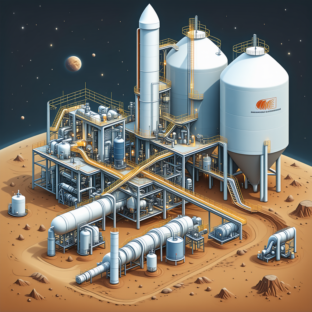 The Image Is A Cartoon Drawing Of A Factory With A Large Rocket Ship In The Background