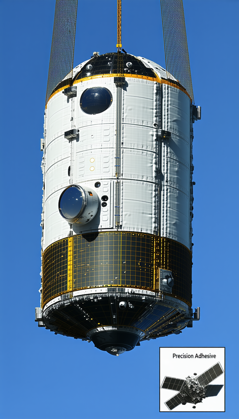 A Large White Spacecraft Is Seen From Below, With A Blue Sky In The Background