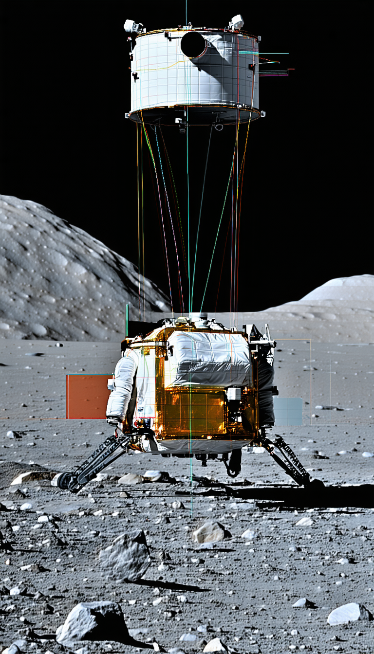 A Spacecraft On The Moon, With A Large Rocket Ship Visible In The Foreground