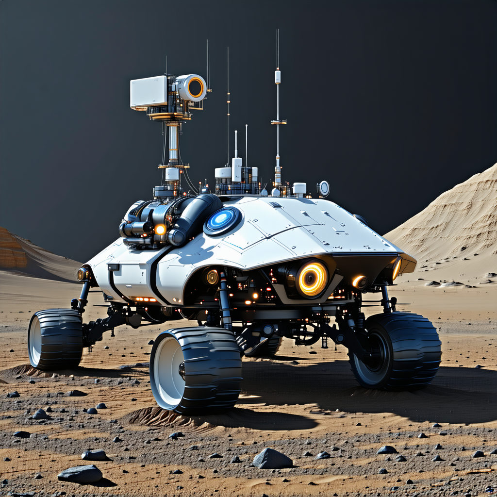 A White Vehicle With A Large Antenna On Top Is Parked On A Rocky Surface