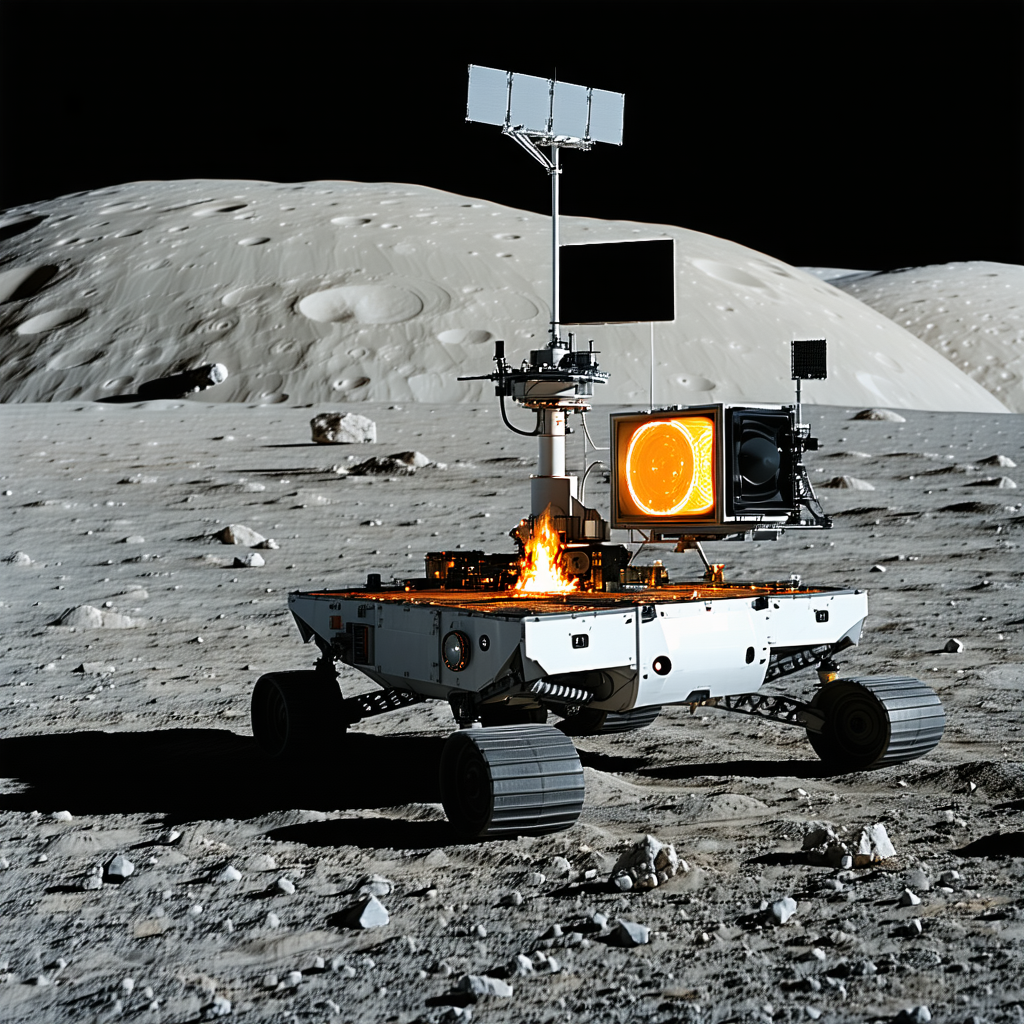 A White Robot Is Sitting On The Surface Of The Moon