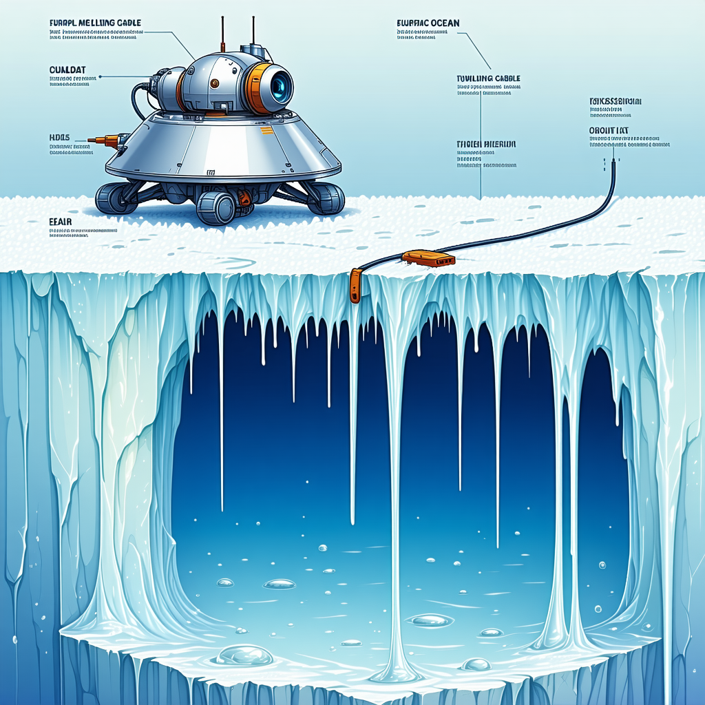 The Image Is A Cartoon Illustration Of A Submarine, With A Large Iceberg In The Background
