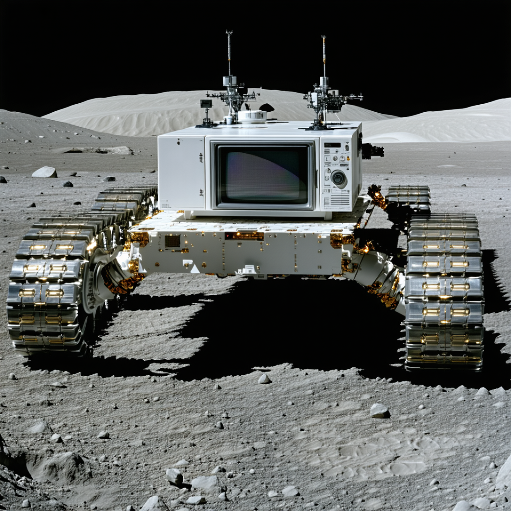 A White Robotic Vehicle Is Parked On A Rocky Surface, With A Television Screen Mounted On Its Front