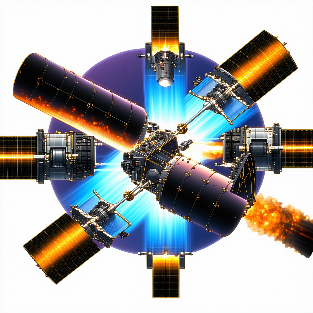 In This Image, There Is A Large Spacecraft With A Central Hub And Multiple Satellite Dishes