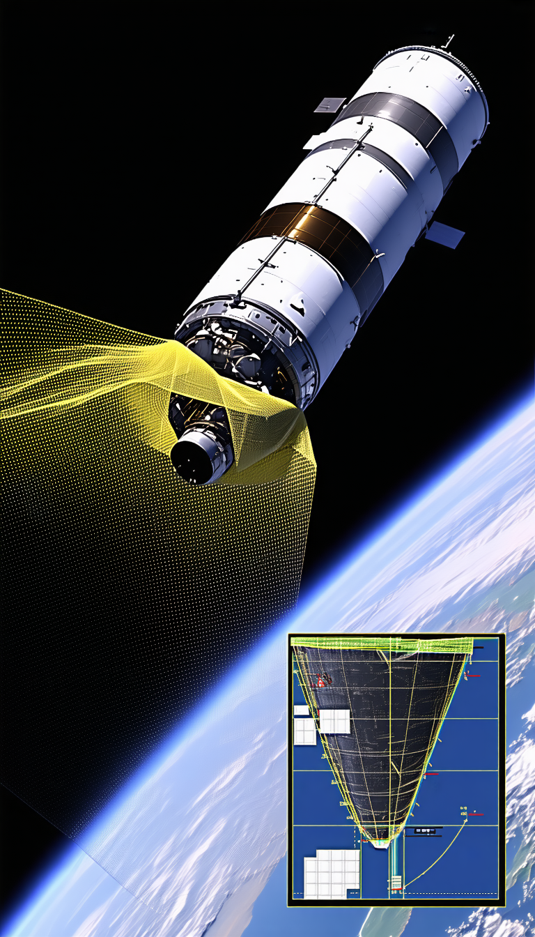A Space Shuttle Is Shown In A Close-up View, With A Large Yellow Beam Coming Out Of It