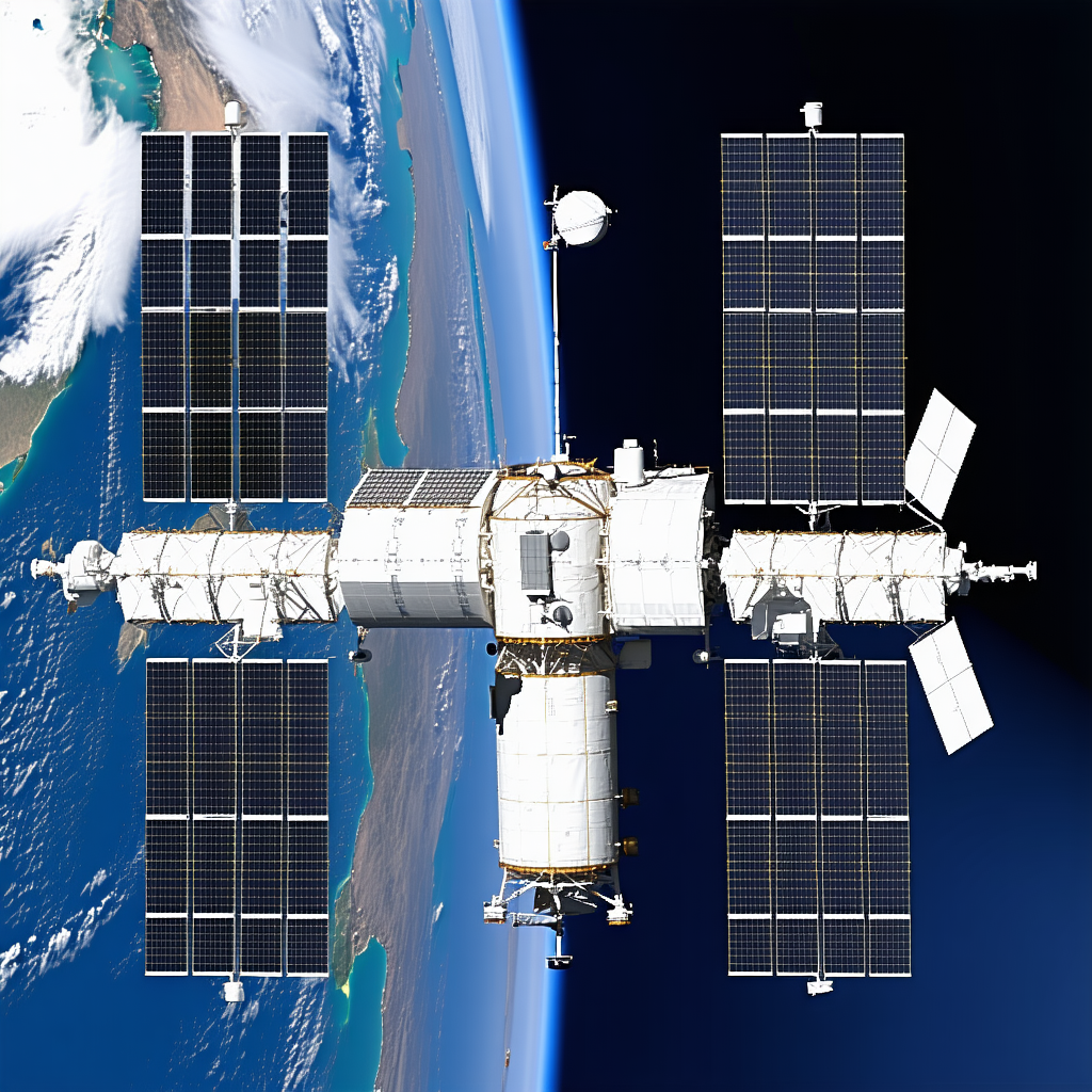A Large Space Station With A White And Black Color Scheme, Floating In The Sky