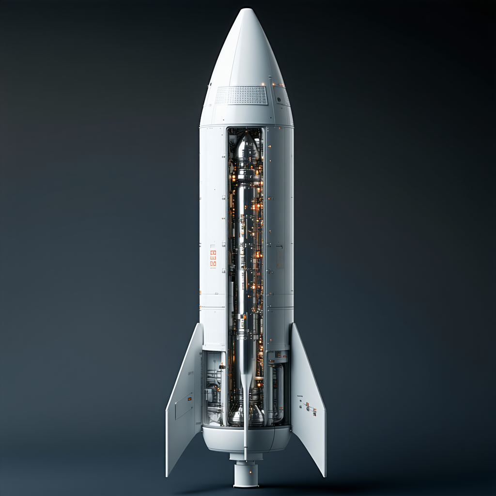 A White Rocket Ship Is Displayed In A Showcase