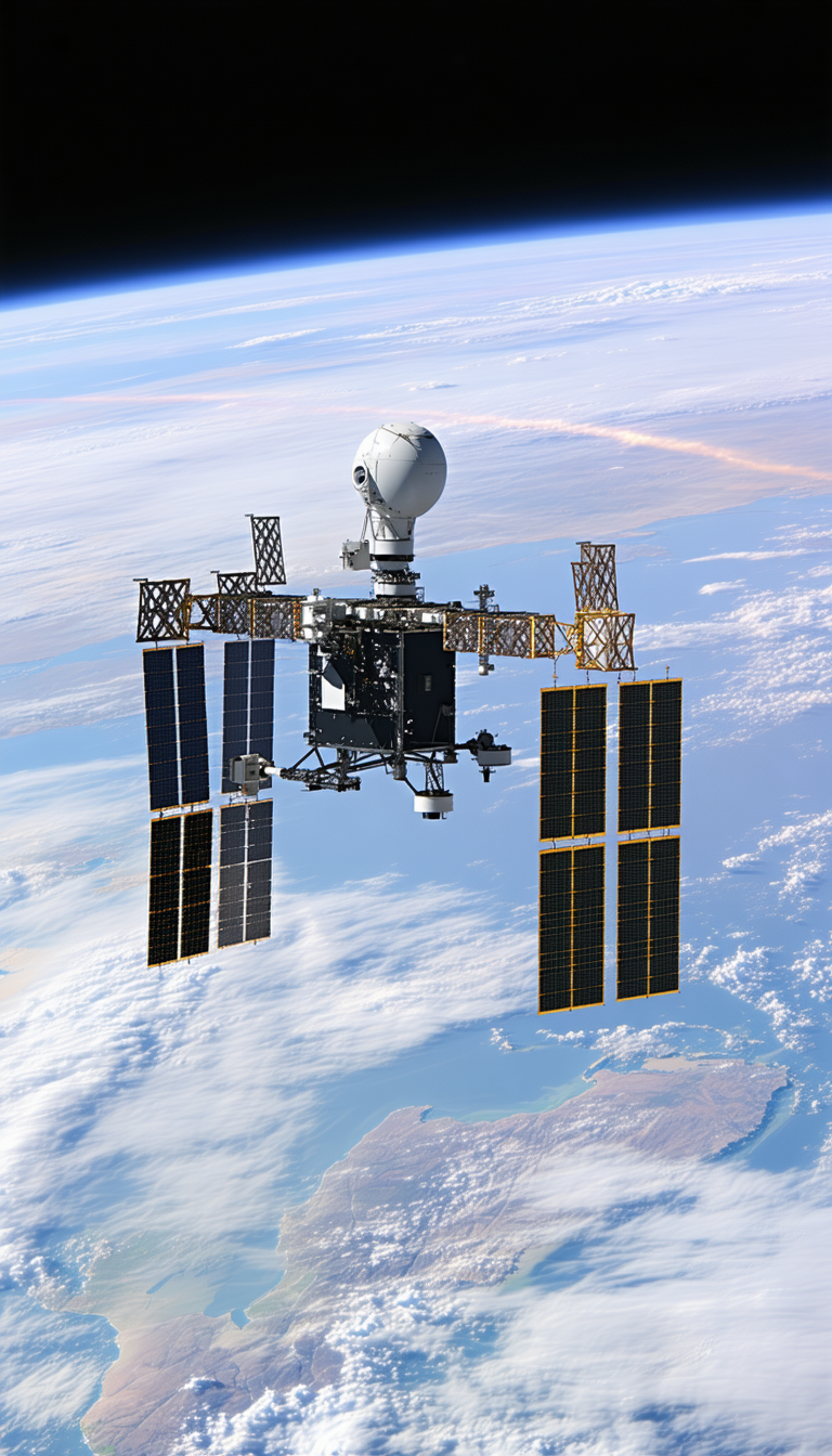 A Space Shuttle Is Flying Through The Sky, With A Large Satellite Attached To The Bottom Of It