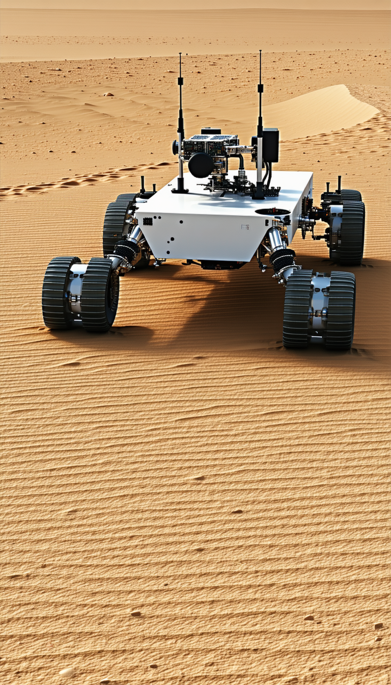 A White Robotic Vehicle With Four Wheels, Driving Across A Sandy Terrain