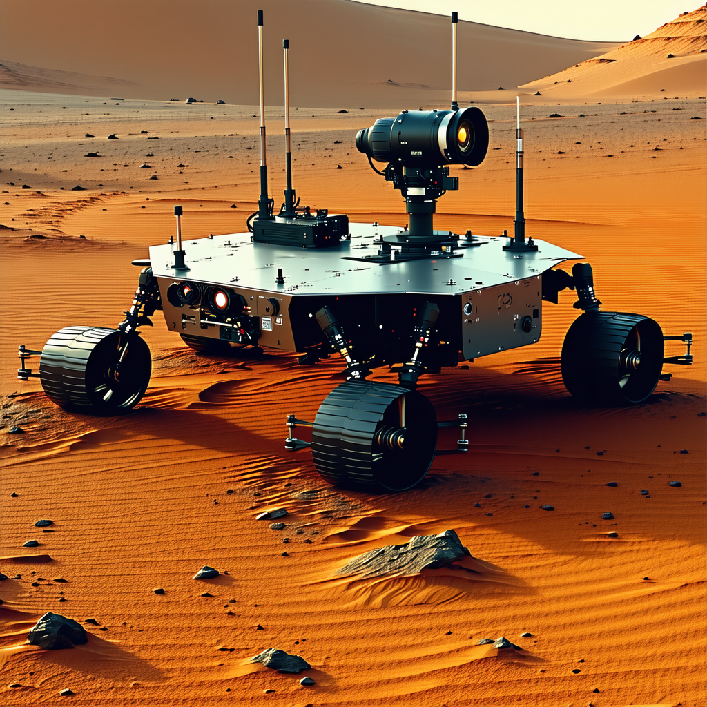 A Large Robotic Vehicle With Four Wheels, Driving Across A Sandy Terrain