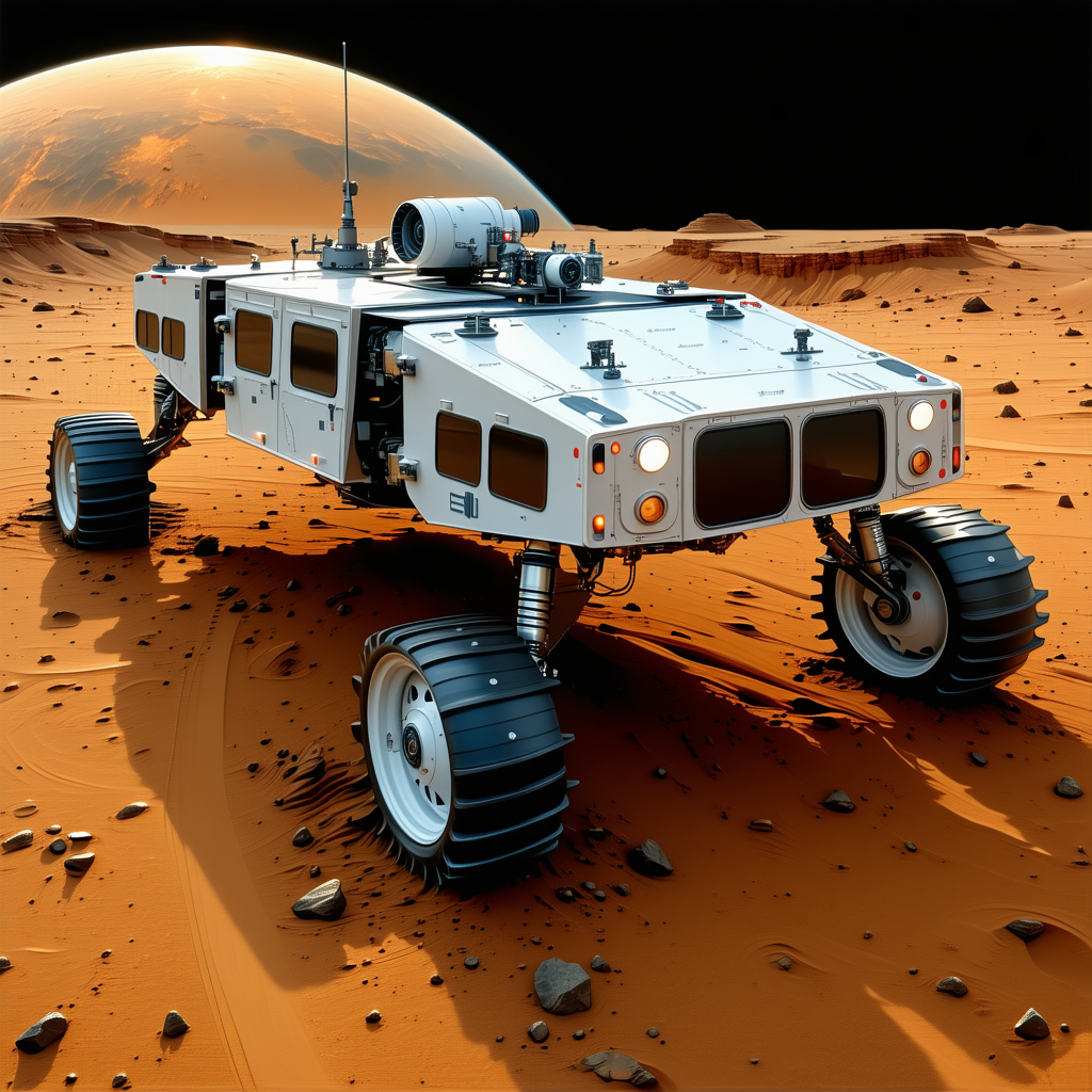 A White Vehicle Is Parked On A Red Surface, Which Appears To Be A Rocky Terrain