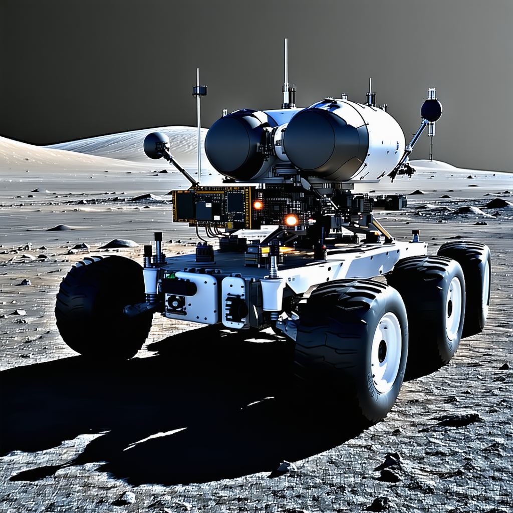 A Large Robotic Vehicle Is Parked On A Rocky Surface, Possibly On The Moon
