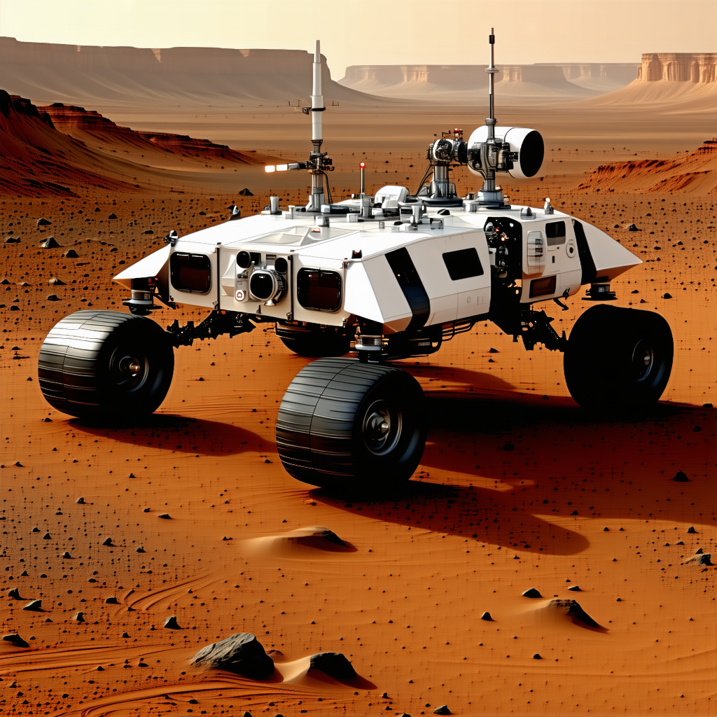 A White Robotic Vehicle Is Sitting On A Red Dirt Surface, Possibly In A Desert