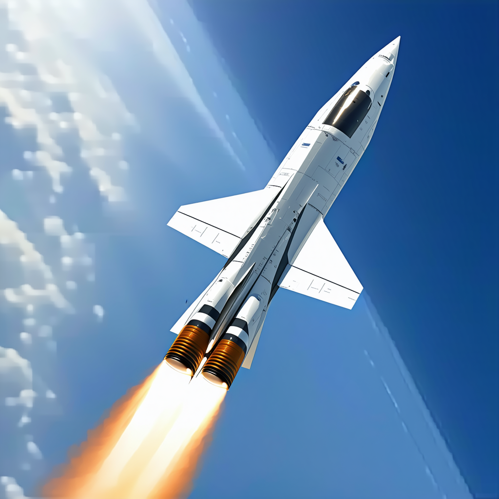 A White Rocket Is Flying Through The Sky, Leaving A Trail Of Smoke Behind It